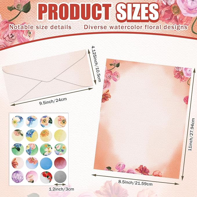 EggSun 250Pcs Watercolor Stationery Paper and Envelope Set with 100 Letterhead Papers and 50 Envelopes, 10 Design for Letter Writing,Invitations Computer Holidays Party Notes, 8.5x11 Inch-Floral
