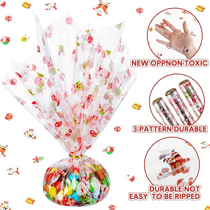 Fainne Total 295 ft 3 Pcs Christmas Cellophane Wrap Roll 15.8 Inch x 98.4 ft, 2.5 Mil Thick Clear Merry Christmas Cellophane for Gift Baskets Flower Food Treats Wrapping Party Decoration