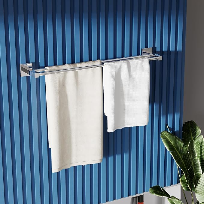 RUACQ Double Towel Bar, 24 Inch Towel Racks for Bathroom Wall Mounted, 304 Stainless Steel Bath Towel Rod with Square Base(Chrome)