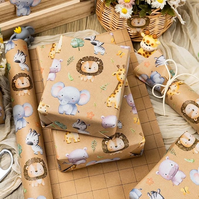 Burymento Kraft Animal Wrapping Paper, Cut Auxiliary Line Design Gift Wrap for Baby Shower, Birthday, Valentines, Mothers day, Graduation, Wedding, Fathers day, Christmas (17 Inch X 32.8 Ft)