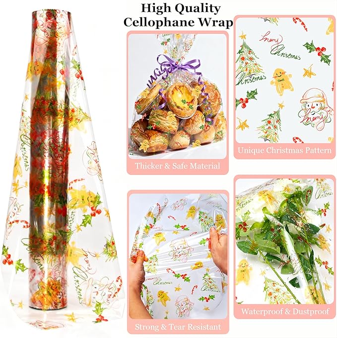 SYOGUA Clear Cellophane Wrap with Christmas Designs, 100 Ft x 34 In Extra Wide Cellophane Roll Christmas Cellophane Paper for Gifts, Baskets, Treats, Candies, Favors, Decoration