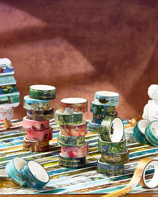 YUBX Landscape Washi Tape Set in Oil Painting Style 20 Rolls Scenery Drawing Masking Gold Foil Graphic Decorative Tapes for Arts, DIY Crafts, Journals, Planners, Scrapbook, Wrapping (Colourful)