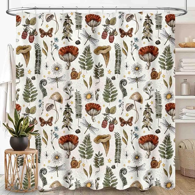 Mushroom Shower Curtain for Bathroom, Farmhouse Country Wild Floral Daisy Botanical Mushroom Cottagecore Nature Plants Herbs Retro Waterproof Fabric Shower Curtain Set with Hooks, 72"x84" Inch