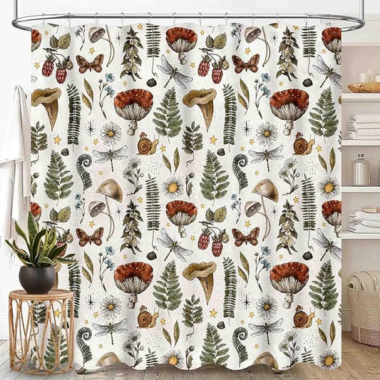 Mushroom Shower Curtain for Bathroom, Farmhouse Country Wild Floral Daisy Botanical Mushroom Cottagecore Nature Plants Herbs Retro Waterproof Fabric Shower Curtain Set with Hooks, 72"x78" Inch