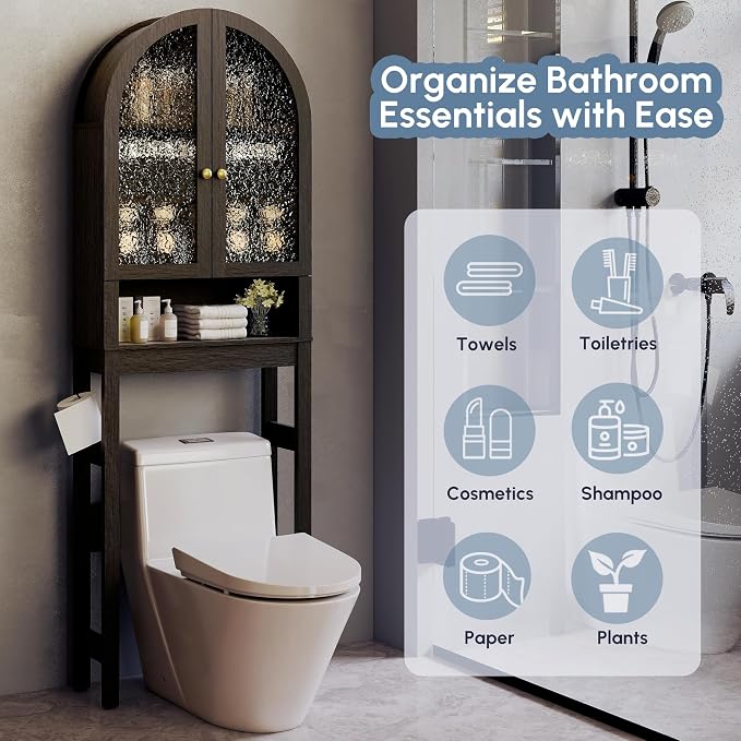HMstone Over The Toilet Storage Cabinet, Arched Bathroom Organizer and Storage with Acrylic Doors and Adjustable Shelf, Space Saver Freestanding Bathroom Modern Storage Cabinet Over Toilet Dark Brown