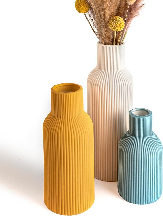 Colorful Ceramic Vases Set of 3, Colorful Ribbed Decorative Vases - Table Centerpieces for Wedding, Living Room, Office & Shelf Decor