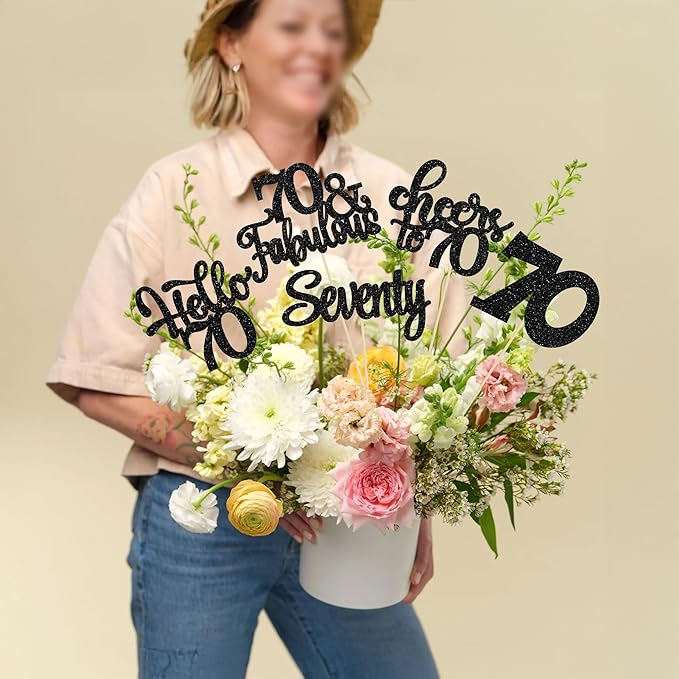 Gyufise 15Pcs 70th Birthday Centerpiece Sticks Seventy Happy 70th Table Flower Centerpieces Sticks Cheers to 70 Floral Decorations for 70th Birthday Party Centerpieces Supplies Black