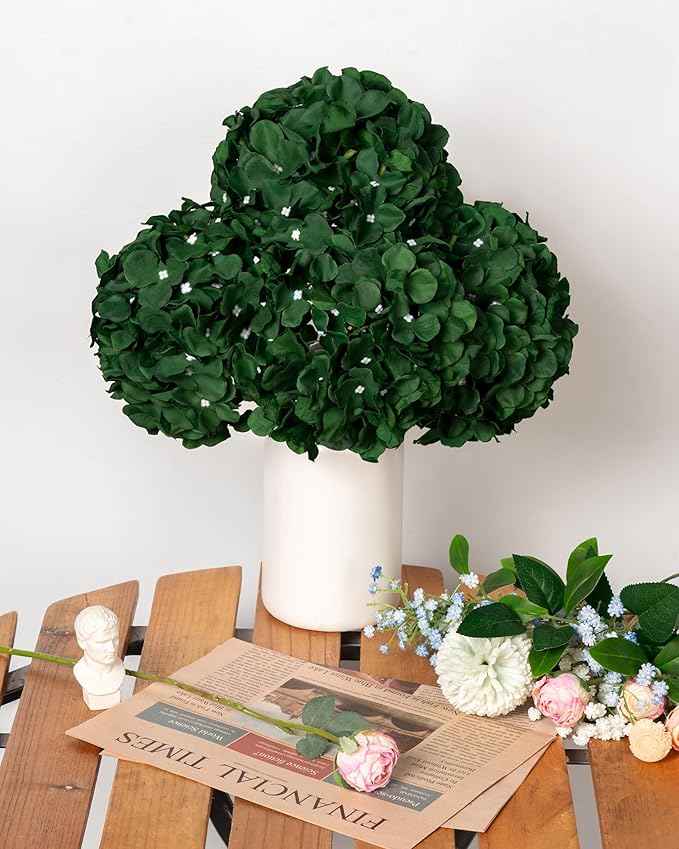 DuHouse 8.7" Silk Hydrangea Flower Heads with Stems Fake Hydrangeas Flowers for DIY Wedding Centerpiece Home Decor,Pack of 6(Dark Green)