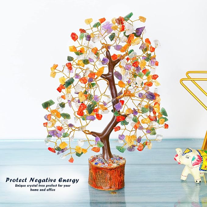 YATHABI Chakra Tree Sculpture - Mix Chakra Golden Wire Crystal Bonsai Tree - Positive Energy, Meditation Decor, Spiritual Gift