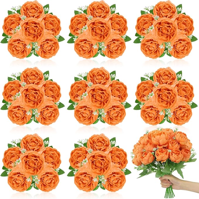 8 Pack Orange Peonies Artificial Flowers, Fall Fake Silk Hydrangea Bouquet for Bridal Wedding Home Table Decor Reusable Dining Opening Ceremony Birthday Arrangement Faux Floral