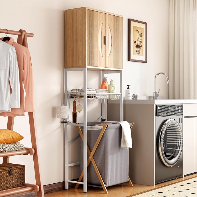 Kalrin Over The Toilet Storage Cabinet with Fluted Wave Doors and Adjustable Shelf, Wood Over Toilet Storage Rack with Drain Basket, Freestanding Bathroom Organizer for Balcony Laundry, Wood & White