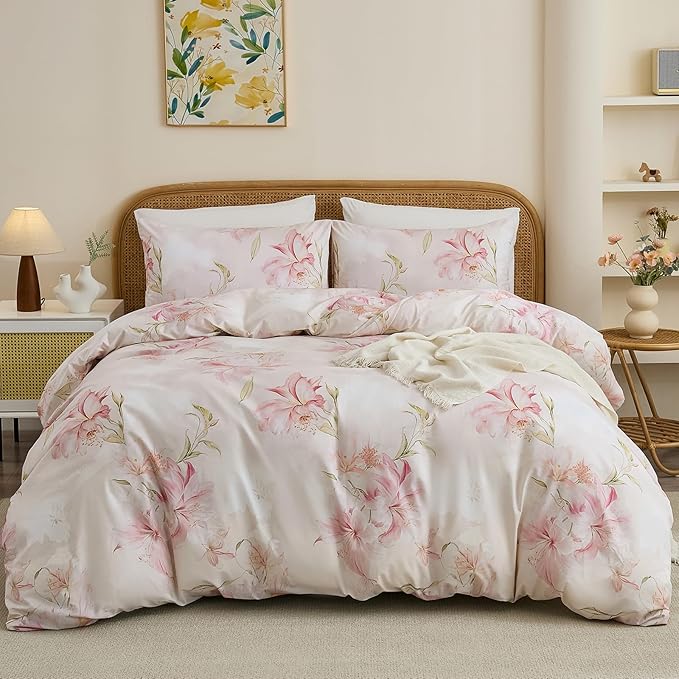 100% Cotton Duvet Cover King Size – Elegant Blush Lily Pink Floral Duvet Cover Set with Zipper Closure, 3-Piece Soft Breathable Natural Cotton Bedding Set for All Seasons