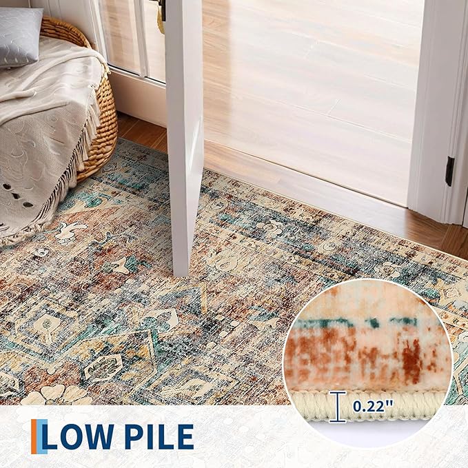 5x7 Area Rug Washable Boho Vintage Medal Print Small Carpet Non Slip Office Rugs Low Pile Soft Bedroom Carpet Non Shedding Nursery Floor Mats for Kitchen Dining Living Room Green Brown