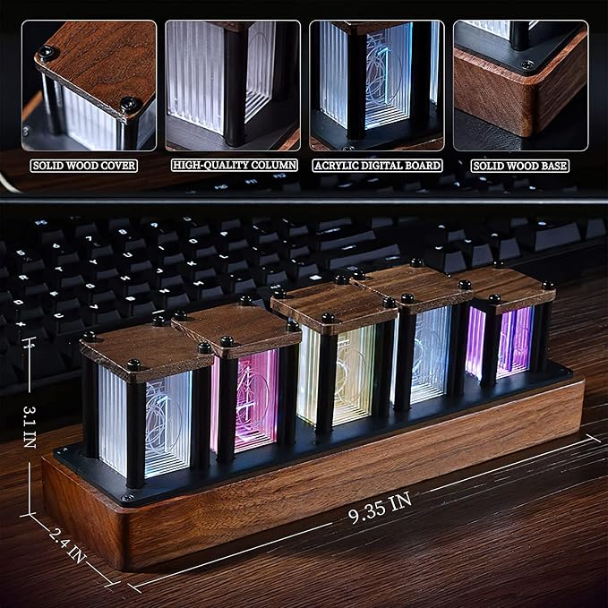 Adventurers Digital Tube Desk Clock Retro Modern Wooden Clock 1600 Colors RGB Full-Color LED Digital Clock Digital Tube DIY Desk Clock Interior (Black Walnut)