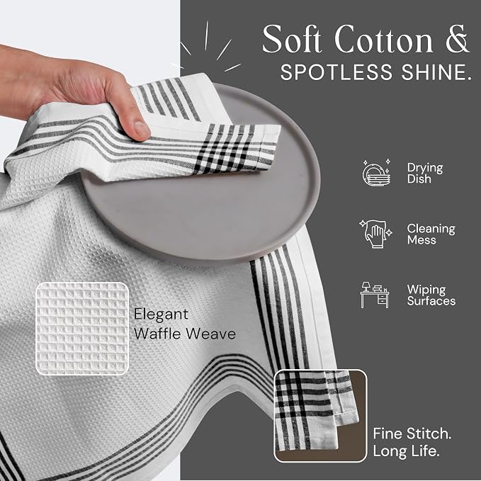 Waffle White & Black 4 Pack Kitchen Dish Towels, 100% Cotton, 16x26 inches, Wash Rags for Drying Dishes, Highly Absorbent, Long Lasting Hand Towels Set for Daily Cooking & Cleaning