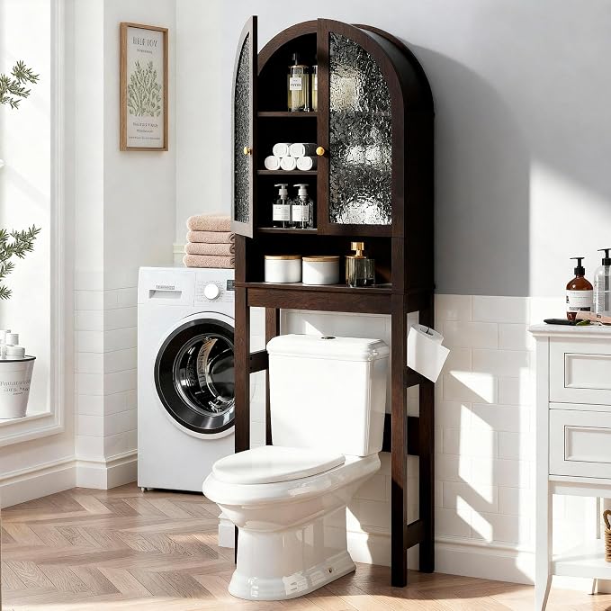 Over The Toilet Storage Cabinet, Arched Bathroom Organizer and Storage with Acrylic Doors and Adjustable Shelf , Space-Saving Modern Freestanding Bathroom Modern Storage Cabinet Over Toilet (Espresso)