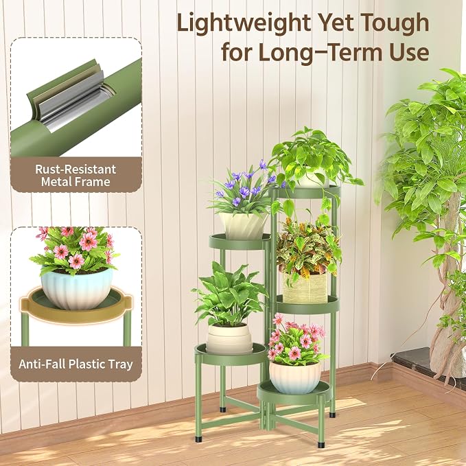 LASZOLA 5 Tiered Plant Stand Indoor Outdoor with Plastic Tray, Corner Folding Tall Flower Display Rack, Modern Plant Holder Shelf for Outdoor Patio Porch Garden Office Living Room, Green