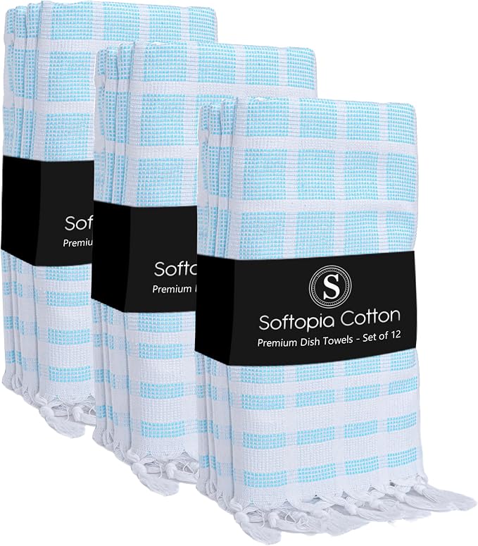 Matrix Dobby Kitchen Towels 12 Pack, 100% Cotton, 16x26 Inches, Handmade Knotted Tassel Tea Towels, Reusable & Absorbent Wash Rags for Drying and Cleaning - Aqua Blue, White