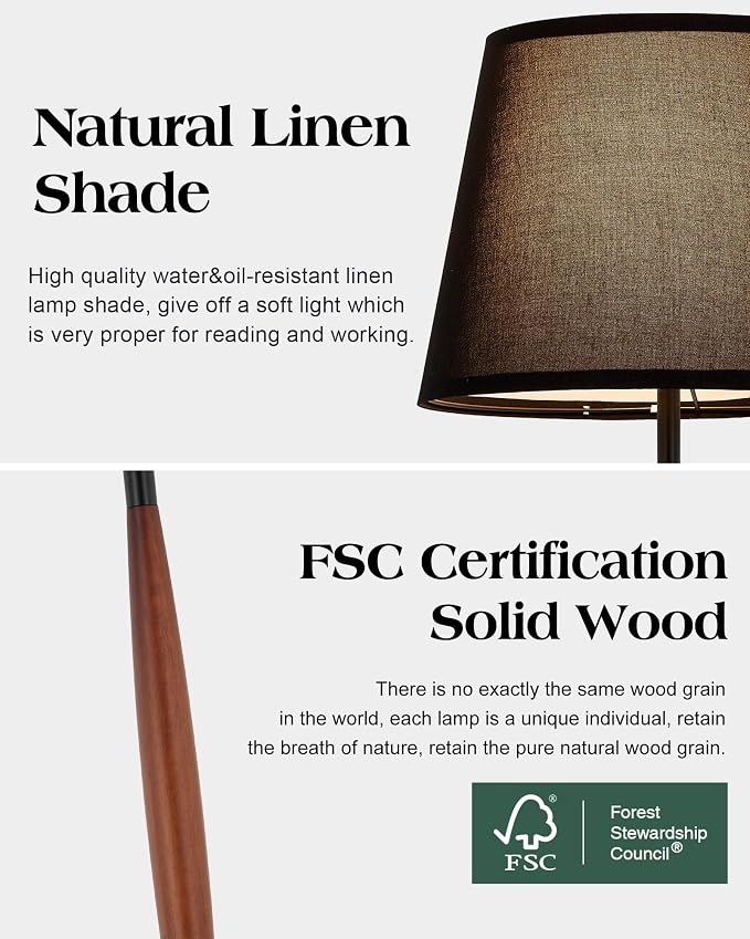 ELYONA Mid Century Modern Floor Lamp, Solid Wood Reading Standing Lamp with Black Linen Fabric Shade, Vintage Corner Light for Living Room Bedroom Office 3 Color Temperatures 9W Bulbs Included, Walnut