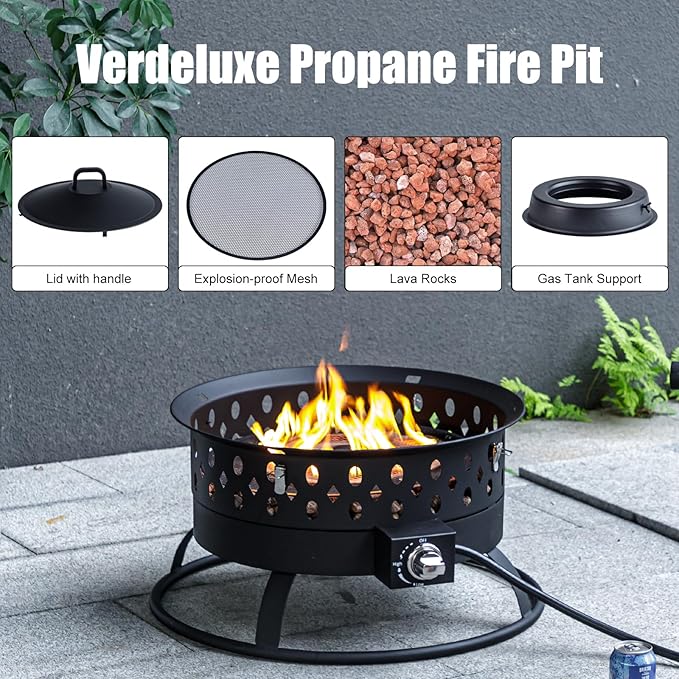Verdeluxe 22 Inch Portable Propane Fire Pit,Gas Fire Pit for Outside with Lid & Handle, Smokeless Gas Firepit Bowl with Lava Rocks,Outdoor Propane Firepits for Camping,Patio,Yard,Bonfire.(Black)