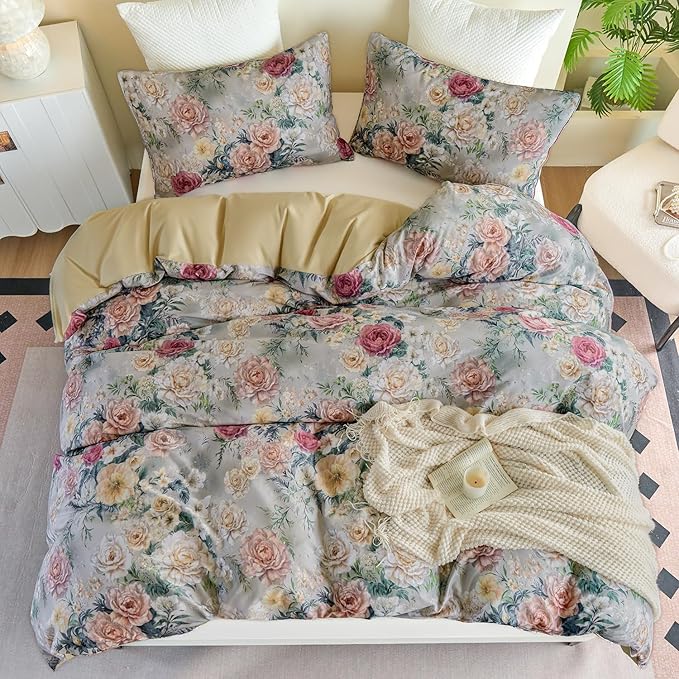 Blue Floral Duvet Cover Set 100% Percale Cotton Queen Size Shabby Vintage Chic Penoy Patterned Comforter Covers with Zipper，Soft & Breathable French Country Bedding 3Pcs-Not Comforter