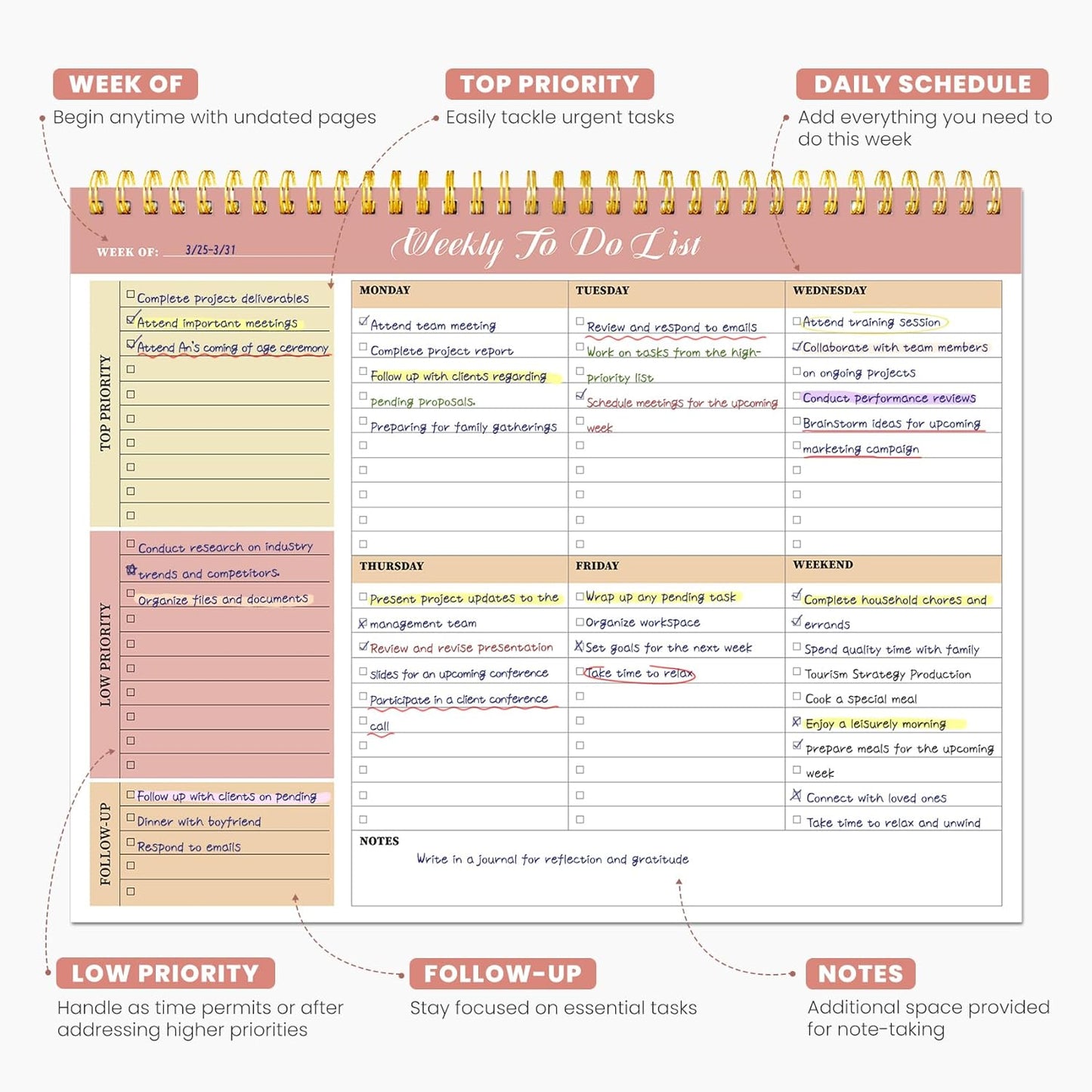 Sunshine Petal Weekly To-Do List Notepad - 52 Undated Sheets | 8.5" x 11" Office Planner