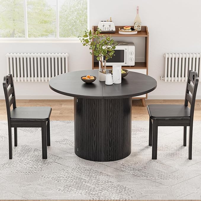 43-95 inch Long Round Extendable Dining Table for 4-10, Space Saving Oval Large Dinner Kitchen Table with 3 Leaf, 2 Storage, Fluted Mid Century Modern Dining Room Table for Living Room, Black