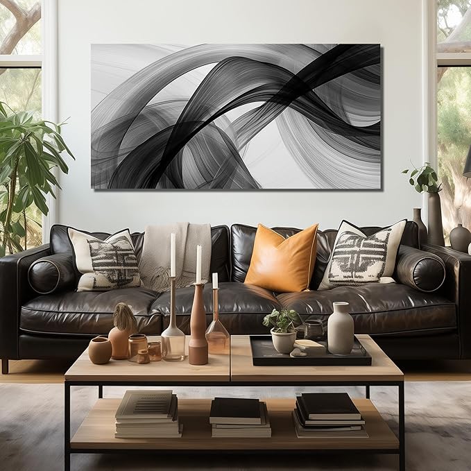 JuhaiArt Abstract Wall Decor Minimalist Black Picture Art White Canvas Wall Art for Living Room Office 29" x 59" Large Modern Poster Artwork