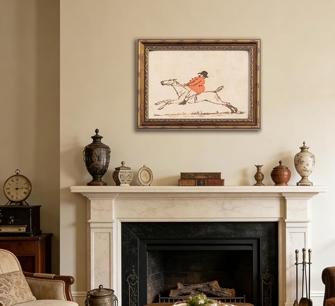 Vintage Gold Framed Hunting Equestrian Canvas Wall Art Horse and Rider Wall Decor Riding Horse painting Picture Retro Rustic Farmhouse print artwork for Farmhouse Bedroom Living Room 16X24in