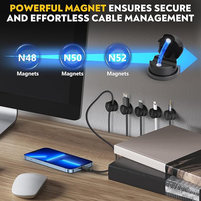 8 Pack Magnetic Cable Management Clips - Ideal Cord Holder for Nightstand, Desk, Charger Holder - Phone Cord Holder w/360 Rotation