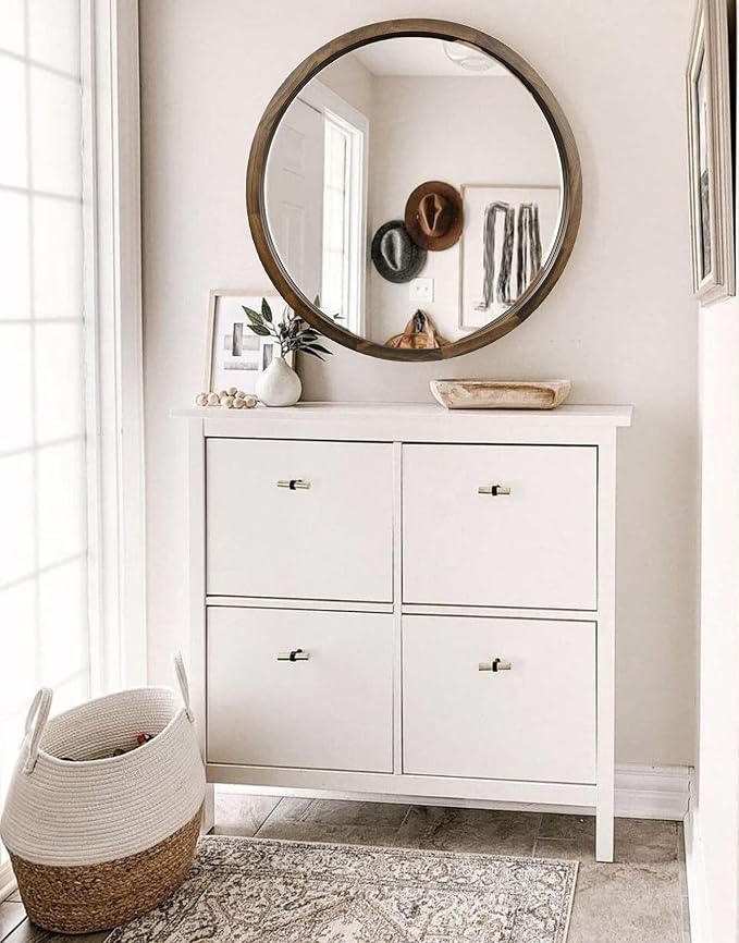 23.6 Inch Round Wall Mirror for Bathroom Large Circle Vanity Mirror for Wall Decor-Wooden Frame for Entryway Bedroom Living Room(Two-Tone Brown)