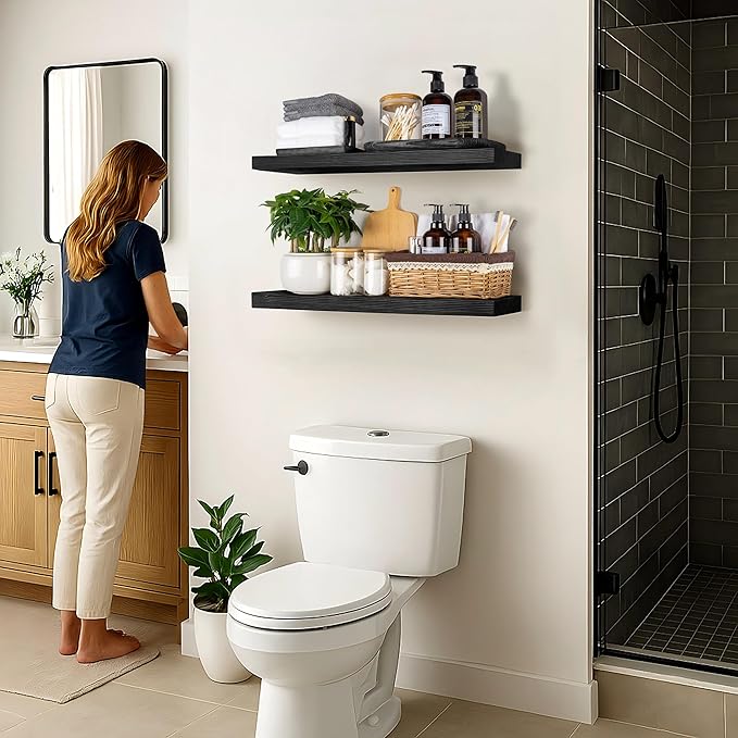 BGMG Wood Floating Shelves for Wall 24 inch,Black Floating Shelves,Solid Wood Wall Mount Shelves for Bathroom Living Room Bedroom Kitchen Farmhouse Set of 2-24x 6.7 x1.25 inch