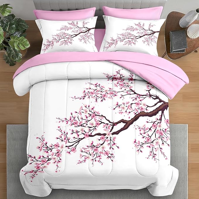 Comforter Set Twin Size, Japanese Cherry Blossom 5 Pcs Bedding for Kids and Adults, Flower Painting Pink Bed Sheet Sets with Fitted Sheet Pillowcase & Sham for Bedroom Bed Decor