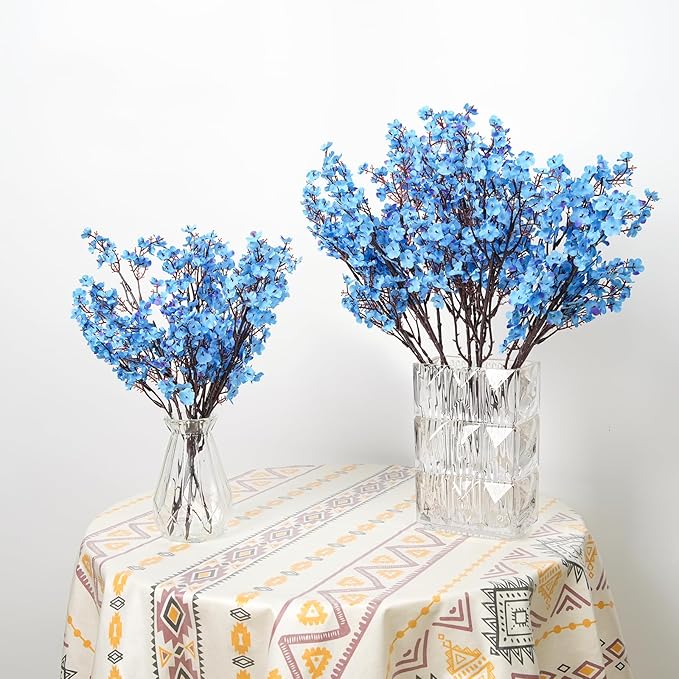 8Pcs Artificial Flowers Fake Babys Breath Bouquet,Blue Fake Flowers Plants Decor Silk Flower Bulk for Vase Spring Home Wedding Indoor Outdoor Table Party Decorations