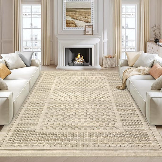 Washable Area Rug 9x12 Rug for Living Room Modern Plaid Large Area Rug for Bedroom Decor Farmhouse Non Slip Throw Rugs Low Pile Stain Resistant Carpet for Office Dining Room 9'x12' Beige
