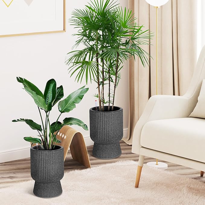 14.2" Tall Planters Set of 2, Plant Pots, Self Watering Pots for Indoor Plants, Flower Pots With Built-In Drainage and a Water Level Monitor, for Patio, Porch, Living Room, or Office, Marble Black
