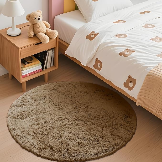 OLANLY Taupe Round Rugs for Bedroom - Machine Washable, 3 ft Circle Area Rugs for Living Room, Soft and Fluffy Shaggy Carpet for Teen Girl and Boys, Nursery Rooms, Dorms, Home Decor Aesthetic