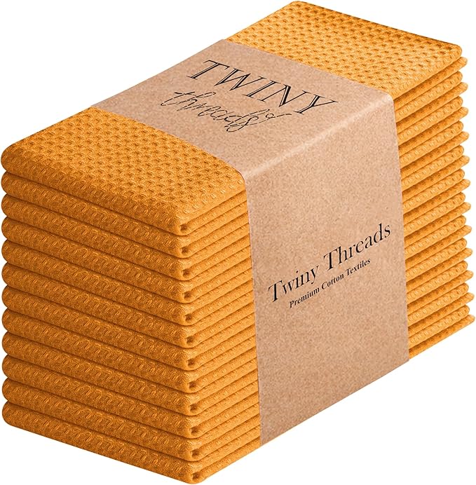 TWINY threads Mustard Yellow Kitchen Towels Set of 12 - Soft, Absorbent 100% Cotton Waffle Weave Dish Towels - Absorbent, Fast Dry Hand Towels with Loop for Fall Decor & Dining - 16"x26"