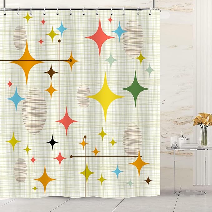 Mid Century Shower Curtain for Bathroom, Retro Stars Abstract Decorative Art Style Restroom Restroom Bath Curtain, Polyester Fabric Waterproof Bath Curtains 72x72 Inch with 12 Hooks