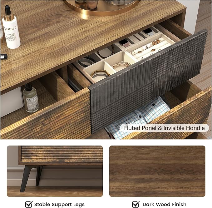 Hadulcet Fluted 6 Drawer Dresser for Bedroom, Modern Chest of Drawers with Push to Open Storage Organizer for Closet, 47” Handleless Wood Dresser TV Stand for Living Room, Entryway Nursery, Dark Wood