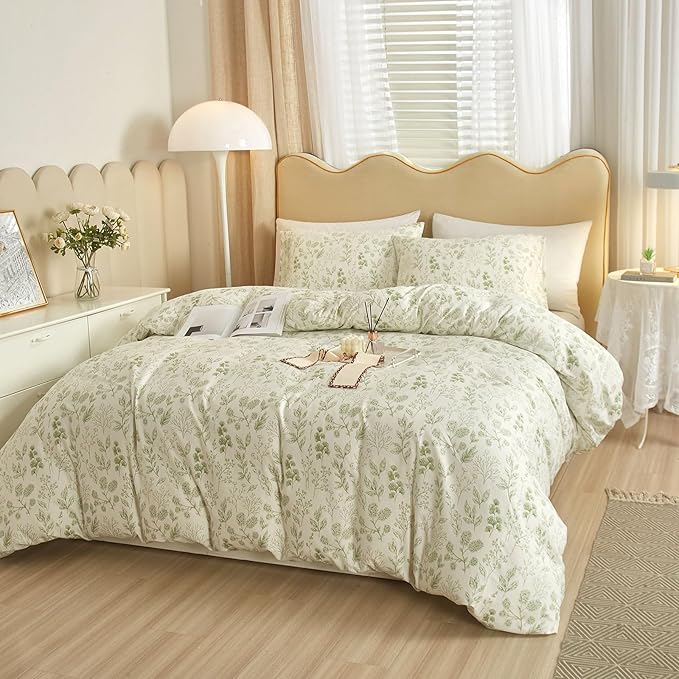 EAVD Reversible Botanical Floral Duvet Cover Twin Soft Cotton Chic Shabby Garden Green Floral Bedding Set with 2 Pillowcases Fresh Vintage Style Green Floral Comforter Cover with Zipper Closure