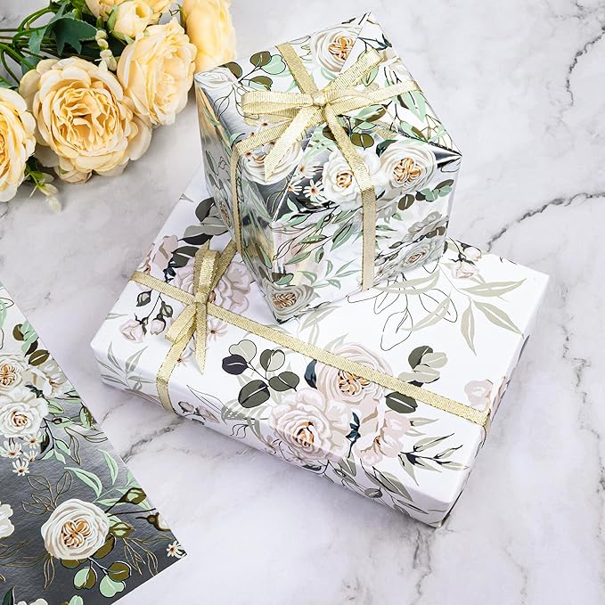 Altarho Wedding Wrapping Paper Roll - 17 Inch x 33 Feet - Silver White Floral with Metallic Foil Design Perfect for Mothers Day Wedding Bridal Shower Spring Birthday Summer