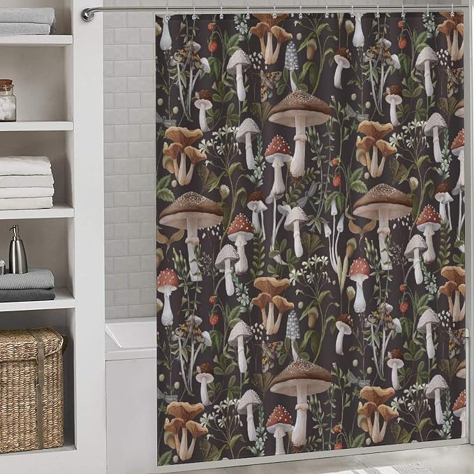 Mushroom Shower Curtain, RFarmhouse Country Wild Floral Botanical Mushroom Cottagecore Nature Plants Leaves Herbs Black Waterproof Fabric Bathroom Shower Curtain Set with Hooks, 72"x78" Inch