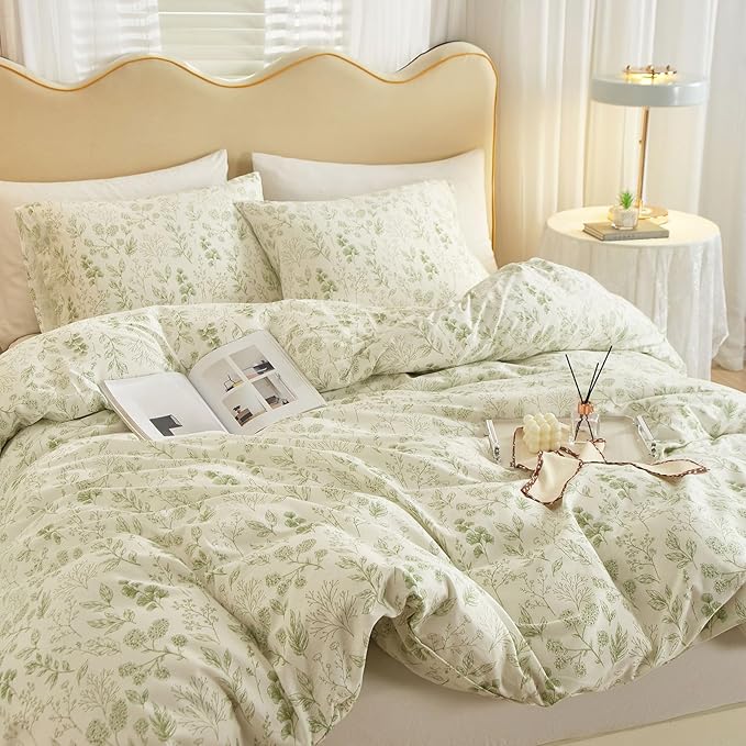 EAVD Reversible Botanical Floral Duvet Cover Queen Soft Cotton Chic Shabby Garden Green Floral Bedding Set with 2 Pillowcases Fresh Vintage Style Green Floral Comforter Cover with Zipper Closure