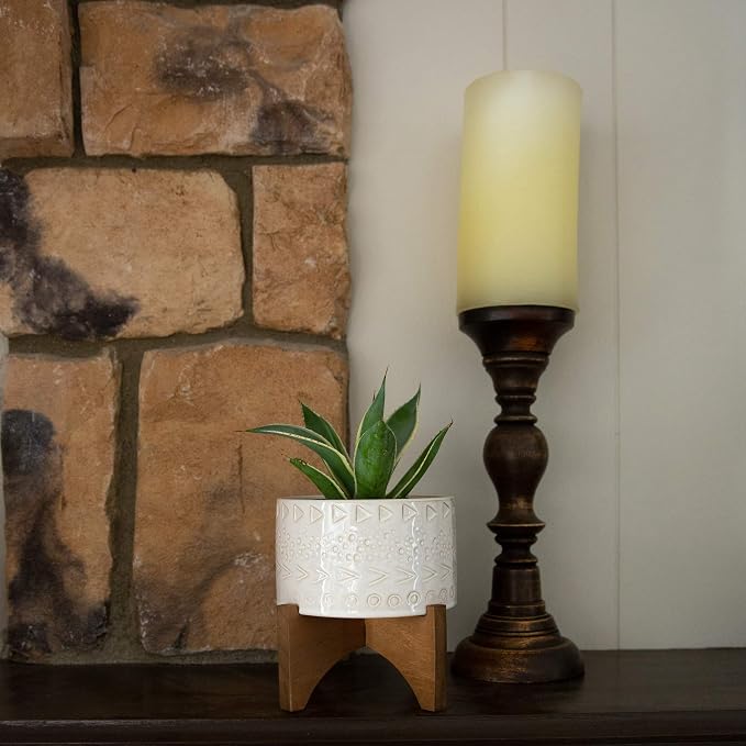 Flora Bunda Mid-Century 5 Inch Caveman Texture Ceramic Planter on Wood Stand, Ivory Caveman 5"