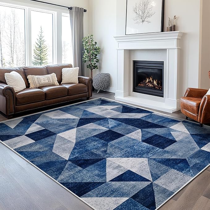 6x9 Navy Blue Area Rug Modern Geometric Blue White Beige Bedroom Rug Soft Low Pile Thin Large Carpet Living Room Non Slip Dining Room Stain Resistant Office Washable Machine