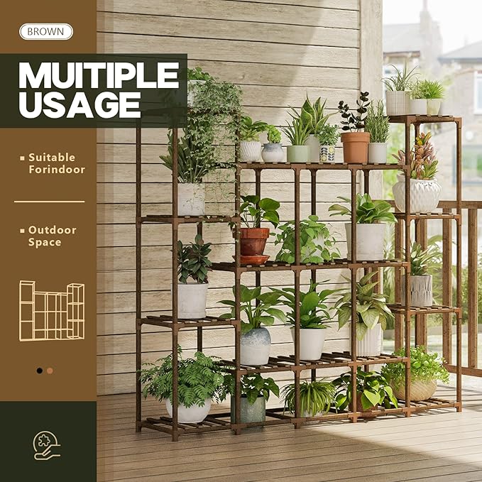 Bamworld Large Plant Shelf Indoor Plant Shelf Outdoor Tall Wood Plant Holder for Living Room Multiple Plants Patio Balcony Garden 17 Pots