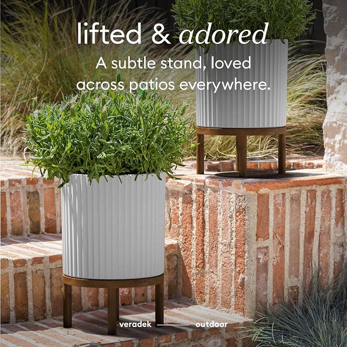 Veradek Demi Series Round Planter w/Stand for Porch/Patio | Durable Plastic-Stone Composite & Wooden Stand | Modern Décor for Tall Plants, Flowers