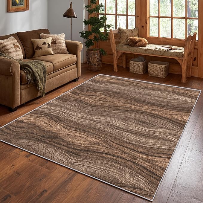 Wood Grain Rustic Area Rug, Vintage Brown Texture Pattern Carpet, Washable Non Slip Low Pile Soft Thin, Living Room Bedroom Home Decor Mat 6x8ft