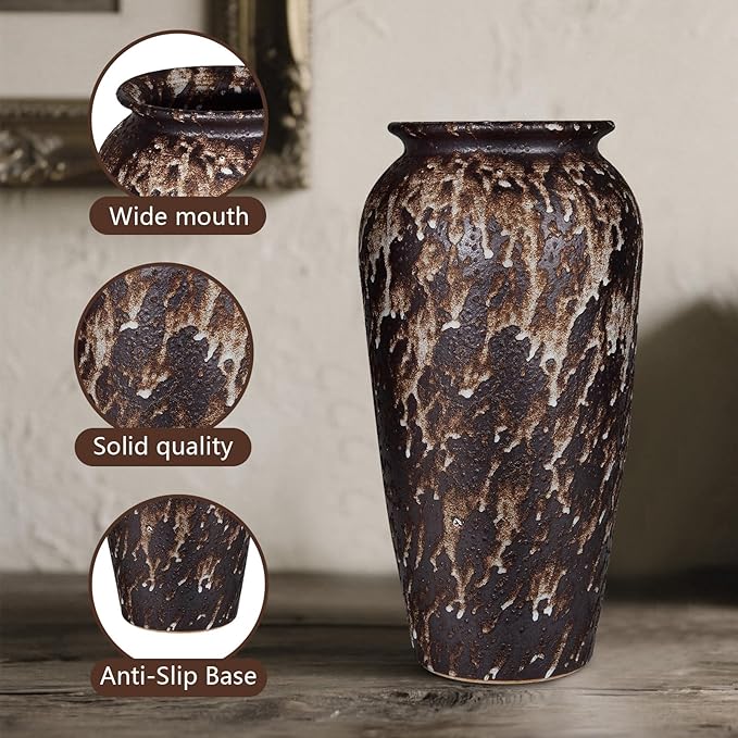 Ceramic Rustic Floor Vase, 12" Large Farmhouse Flower Vase for Home Decor, Vintage Vase Decor for Living Room Centerpieces,Office,Housewarming,Wedding